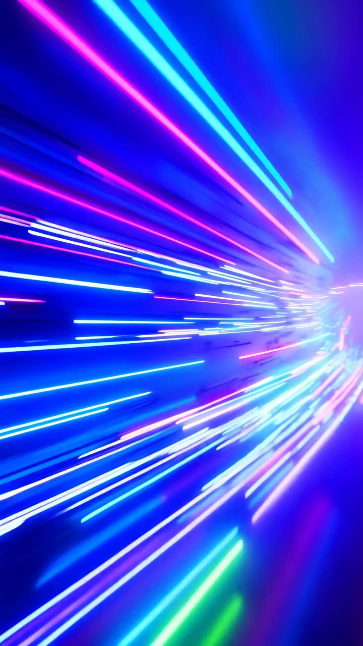 Strisce lineari luminose attraversano un corridoio astratto blu intenso mentre il centro luminoso si sposta attraverso la sequenza, creando profondità stratificata, una prospettiva forte, un contrasto vibrante e una velocità dinamica