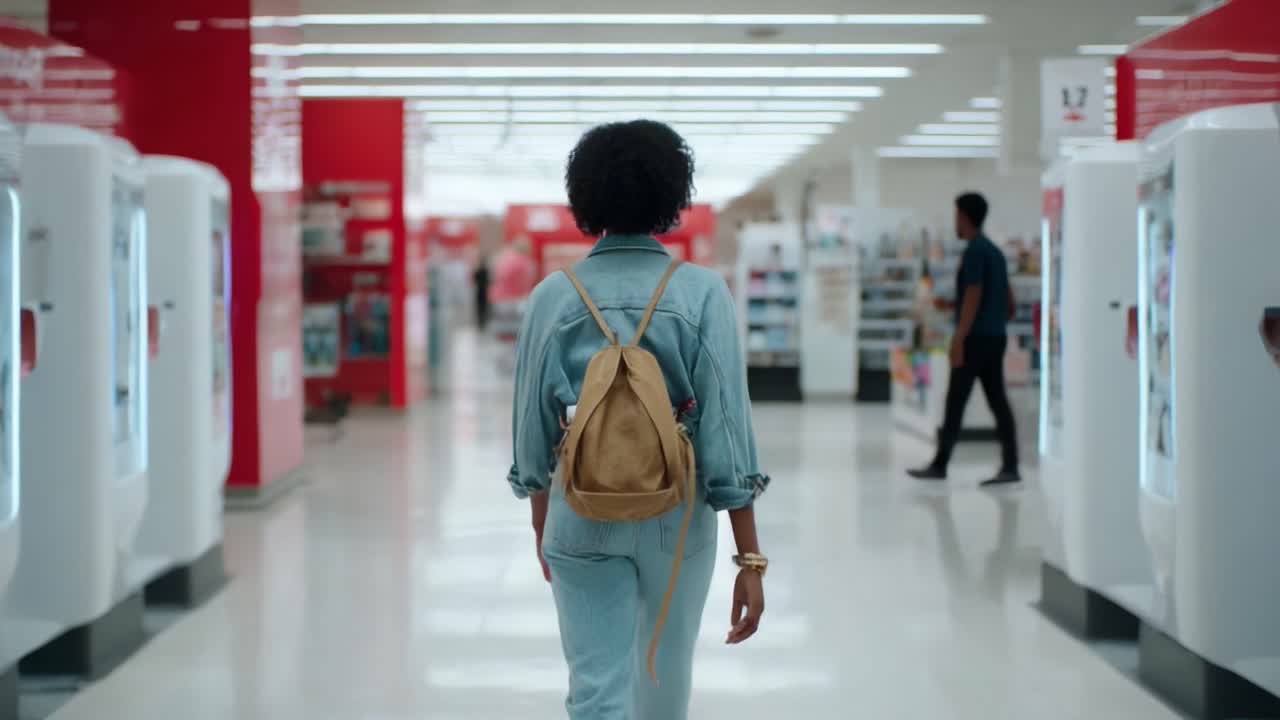 A Young Woman with a Backpack Walks Through a Modern Retail Store Aisle, Engaging with Her Surroundings in a Brightly Lit Shopping Environment Filled with Products and Displays