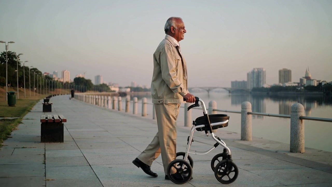 Walking man in coat after pushing rollator along river path, nearing railing pausing to view bridge