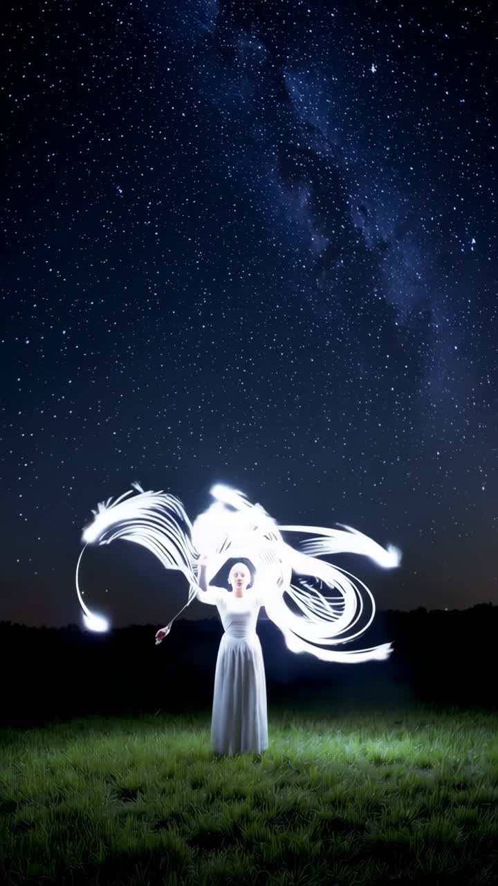 Donna in un campo, light painting, Via Lattea