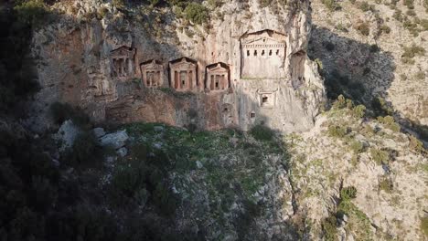 aerial view of the old ancient lycian tombs in rocky mountains in dalyan, turkey