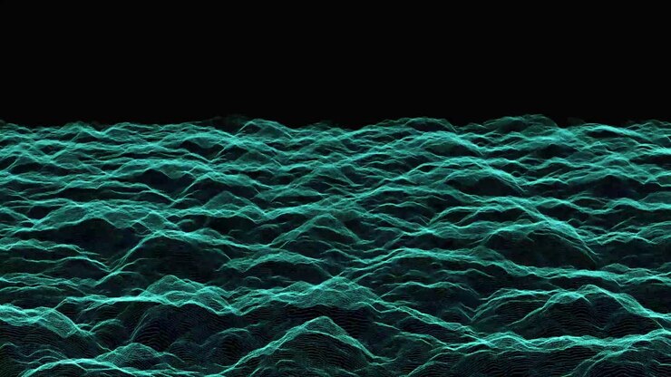 Terreno montuoso aspro in una mappa digitale futuristica che scorre in un ciclo infinito, come visto da un aereo su un display head-up (HUD)
