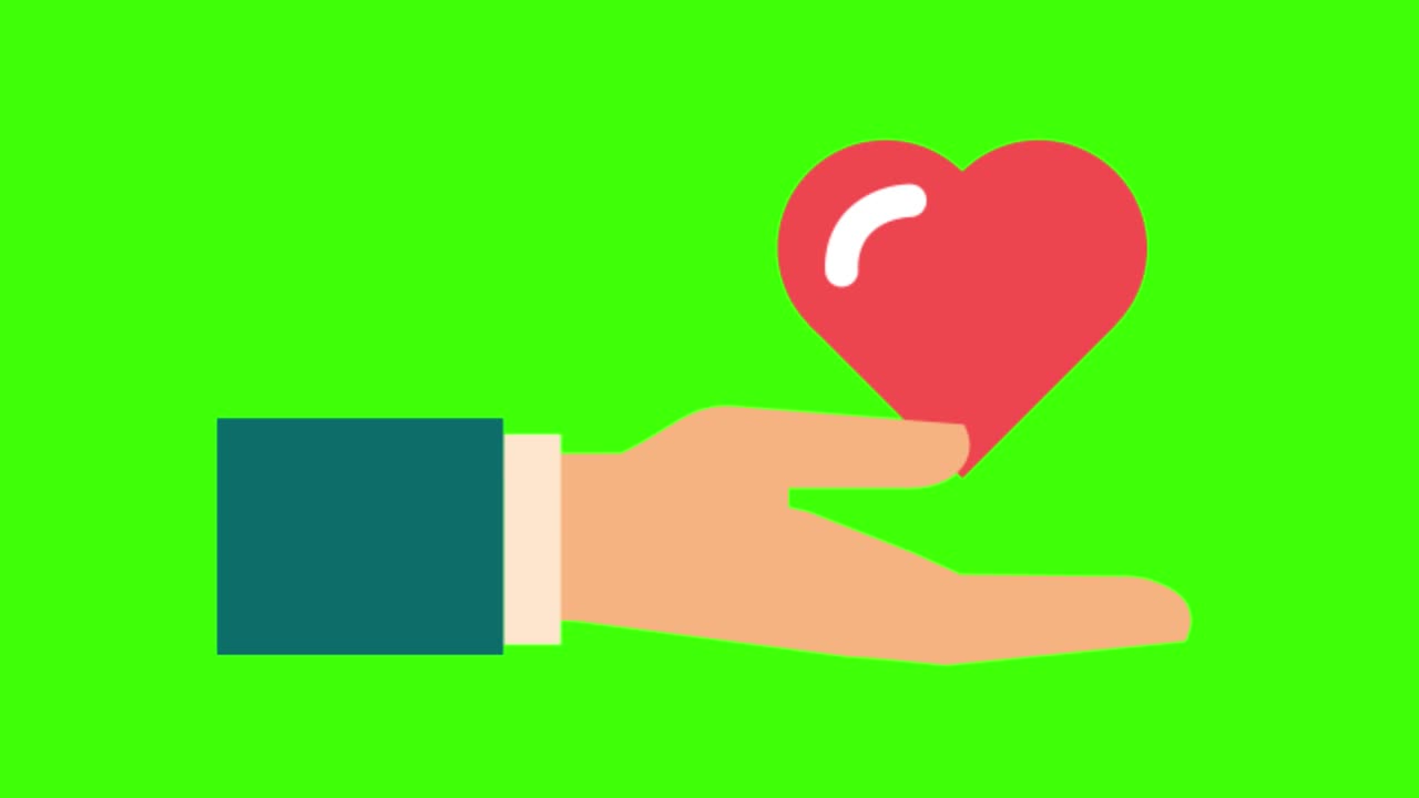 animación de una mano con un icono de corazón en una pantalla verde