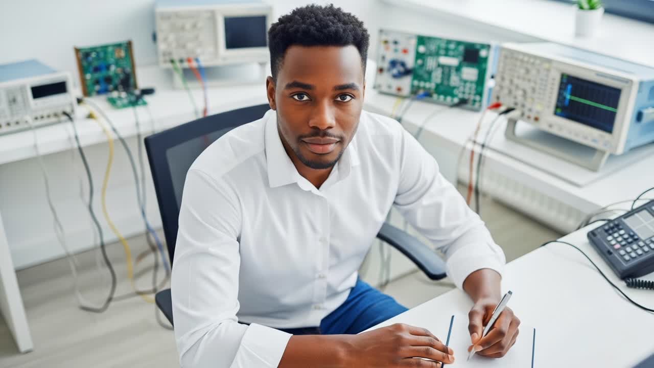 Focused Engineer Analyzing Data and Creating Solutions in a Modern Electronic Workshop, Surrounded by Advanced Equipment and Technology