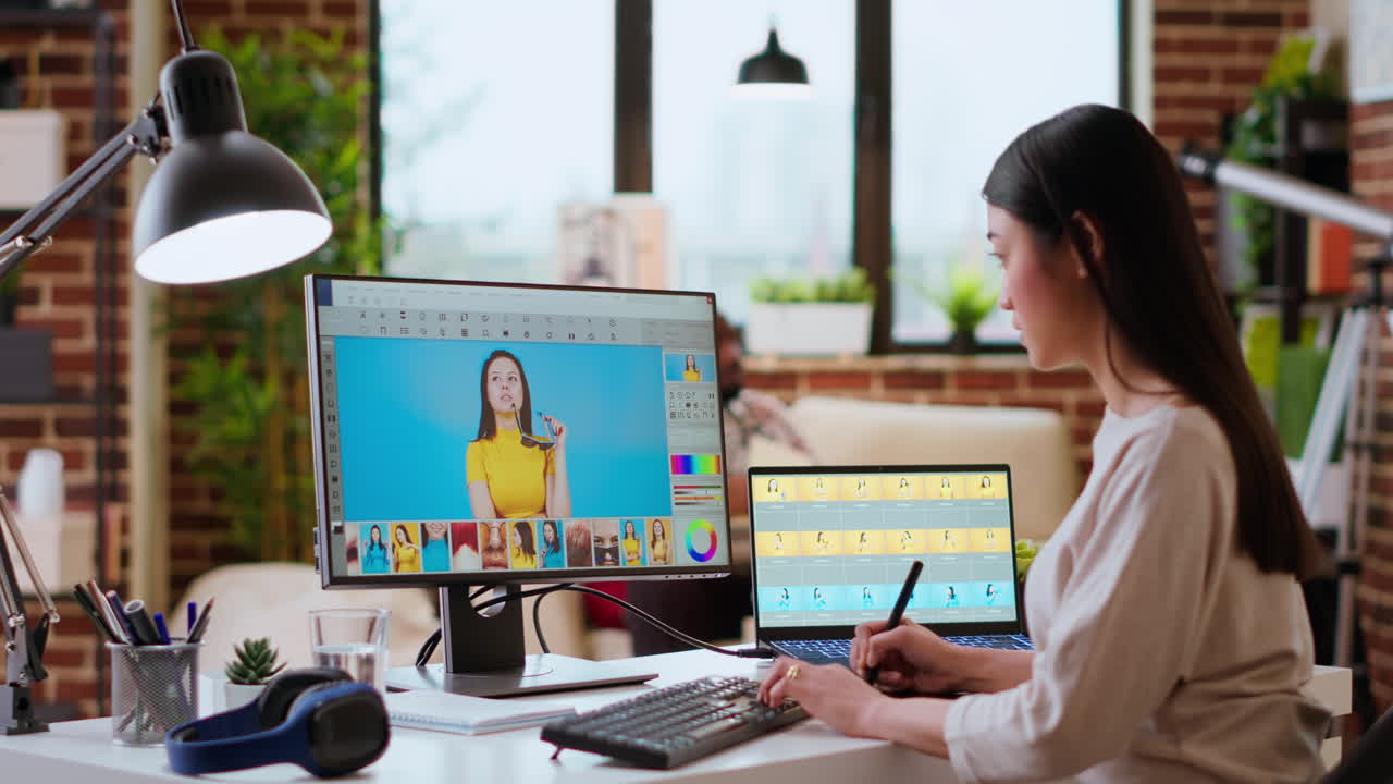 el diseñador gráfico asiático usa software de edición para el retoque de fotos
