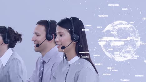 Animation-of-globe-with-network-of-connections-over-business-people-using-phone-headsets