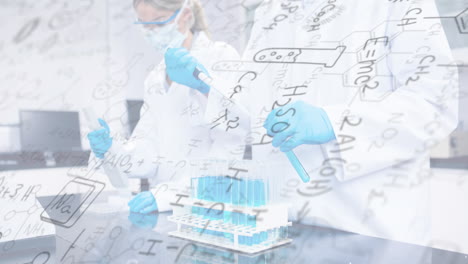 scientists working with test tubes over chemical formulas animation