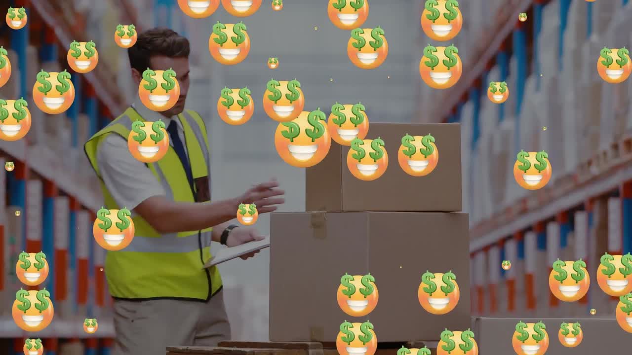 animación de iconos emoji sobre un trabajador caucásico con cajas en un almacén