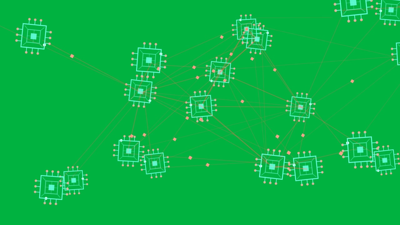 Turquoise node network shifting while links forming, showing data flow on transparent canvas