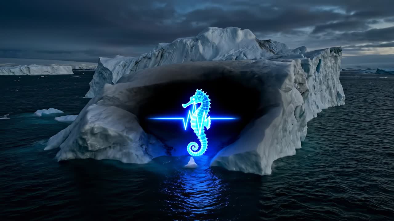 Simbolo luminoso di cavalluccio marino blu appare in un iceberg artico