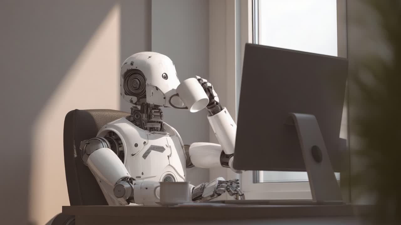 A humanoid robot engages in a tranquil moment by a window, working on a computer before taking a reflective sip from a cup, showcasing the intersection of technology and daily life