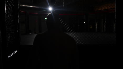 slow motion of a mma fighter entering a ring and then preparing himself for a fight running laterally, on a dark room, with a single light on the background