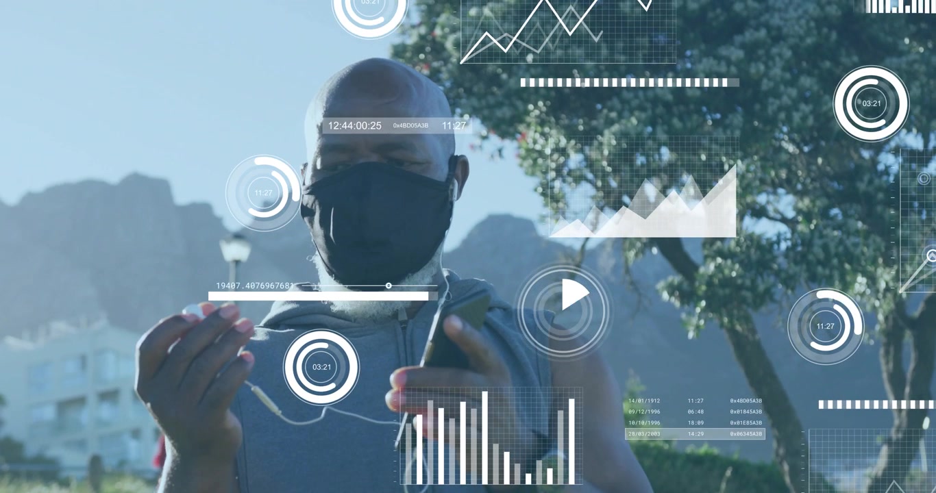 Man tapping phone and inserting earbuds outdoors, generating live fitness HUD syncing to gestures