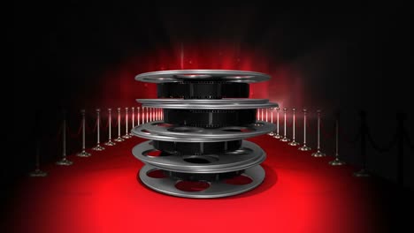 Movie-film-reels-with-flashing-lights-and-red-carpet