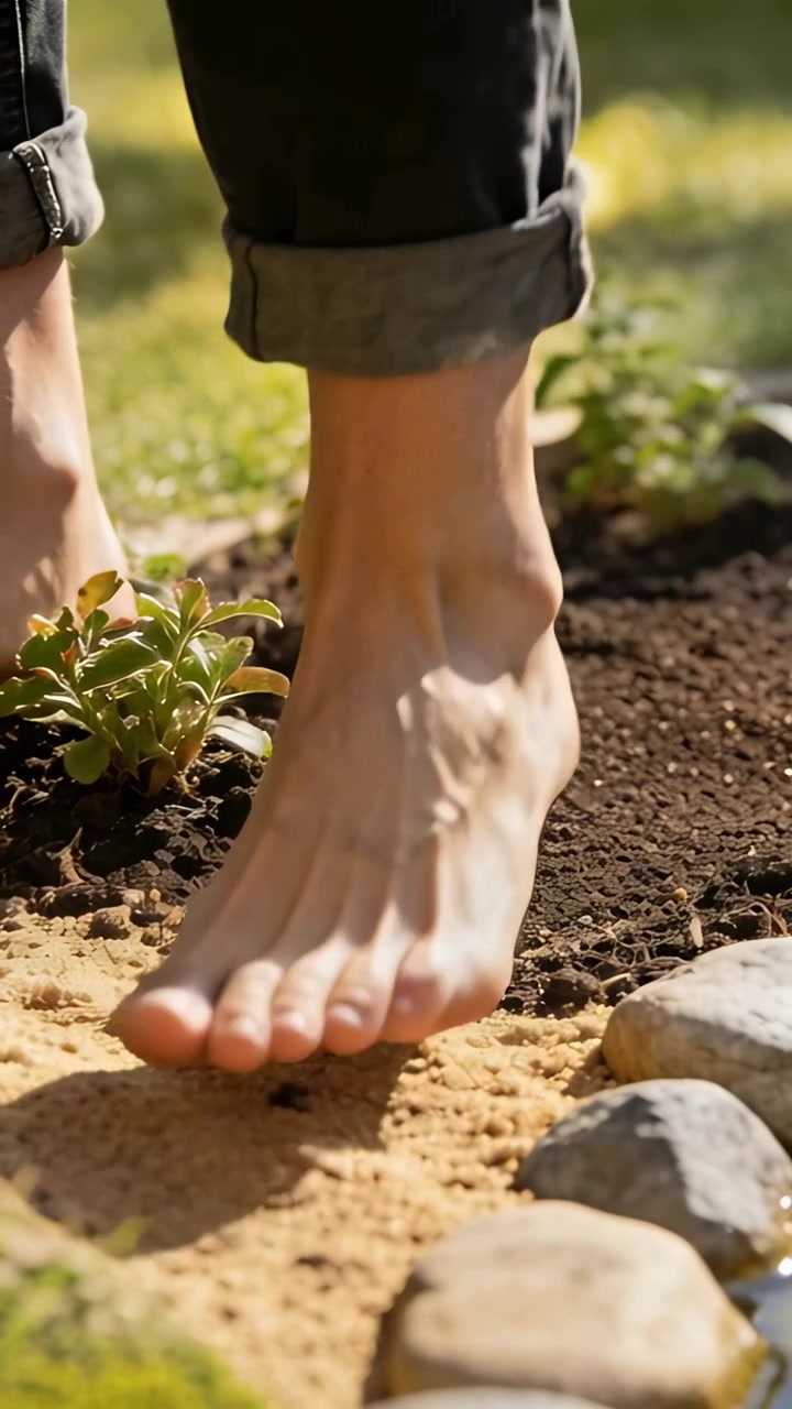 Vertical video: Stepping barefoot person cuffed pants in yard as lead foot hitting sand, pressing