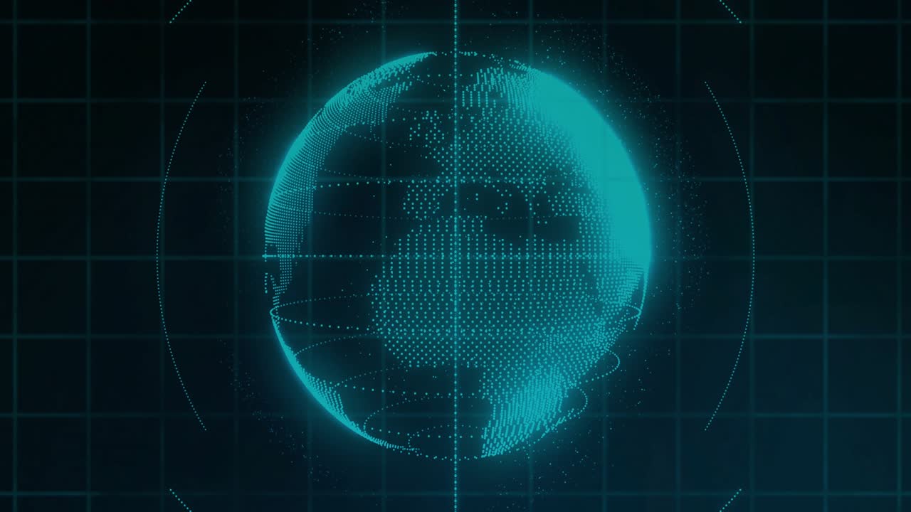 On system boot, teal holo globe rotating inside iris HUD, concentric rings pulsing to display data