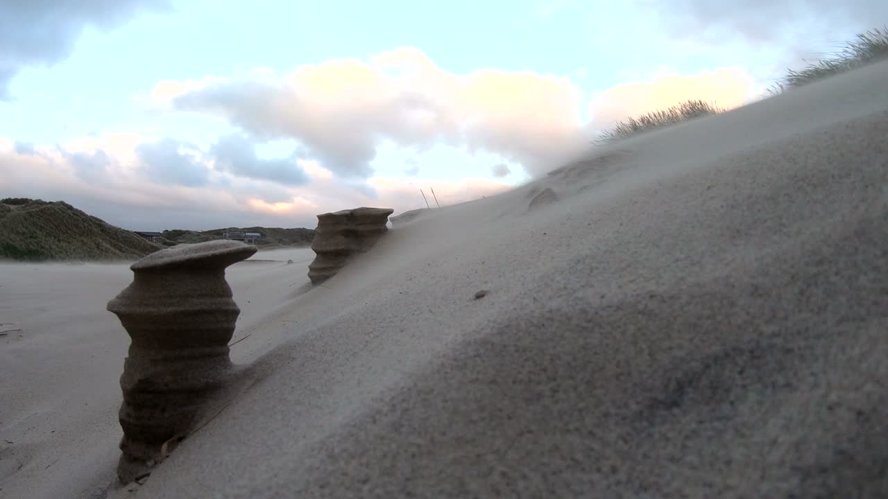 Sand dunes with dune grass in the storm of the North Sea, hiking dunes, dike protection, Sondervig, Jutland, Denmark, 4k