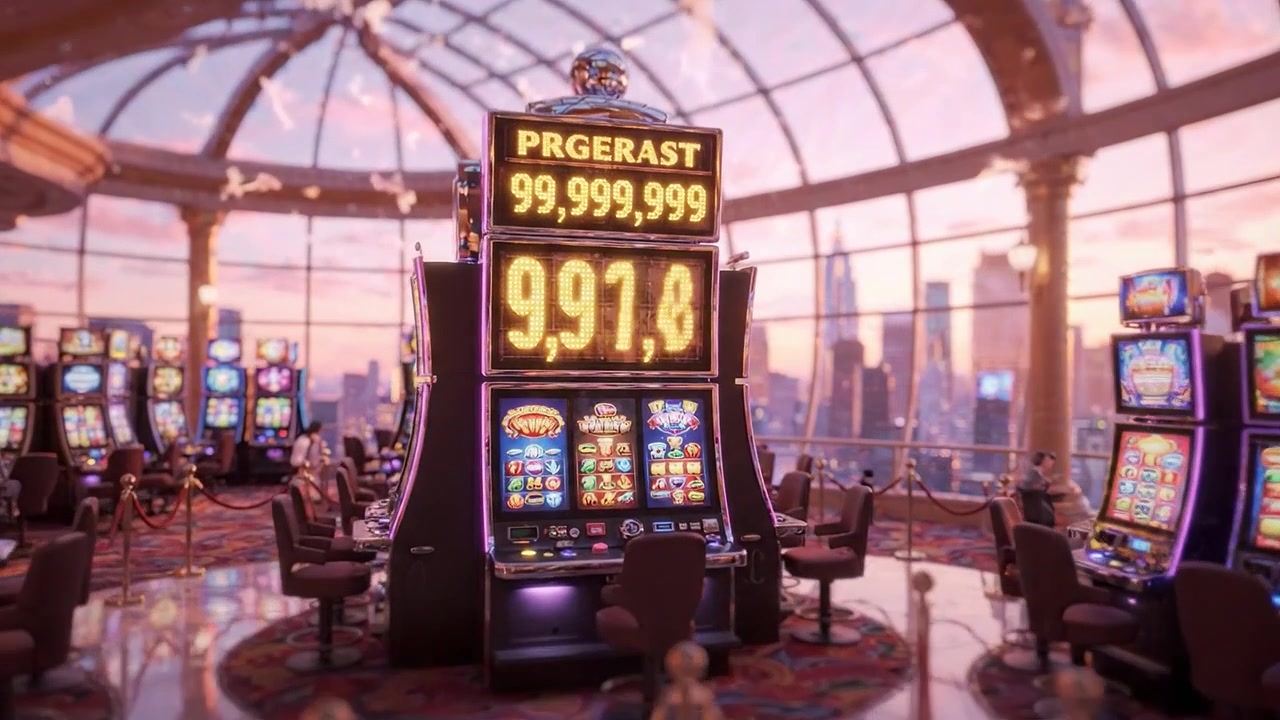 Spettacolare scena di casinò con slot machine vivaci e schermo del jackpot in un ambiente lussuoso ispirato all'alba con vista sulla città.