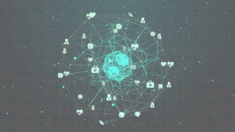 animation of globe with network of connections with icons on dark background