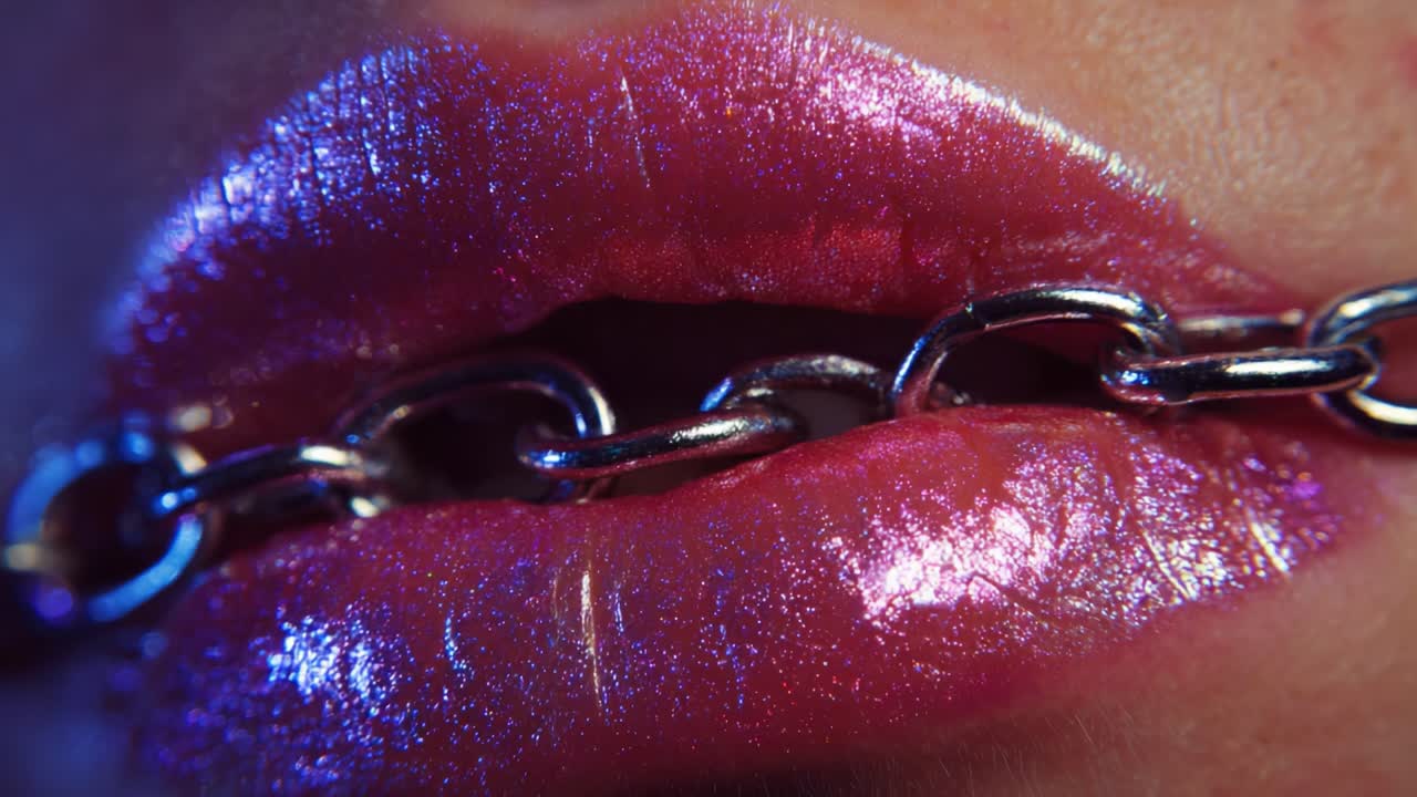 A Close-Up Exploration of Bold, Metallic Lip Looks Bound by Chains, Highlighting the Vibrant Colors and Shimmering Gloss, Creating a Unique Intersection of Fashion and Edginess in Modern Beauty Aesthetics