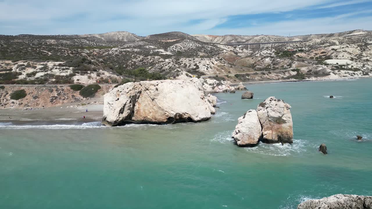 Rock Formations At Petra Tou Romiou Beach In Cyprus. - aerial shot