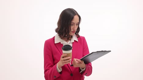 woman in pink blazer reviewing documents and drinking coffee