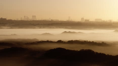 eerie foggy landscape in golden morning light at sunrise, the hague