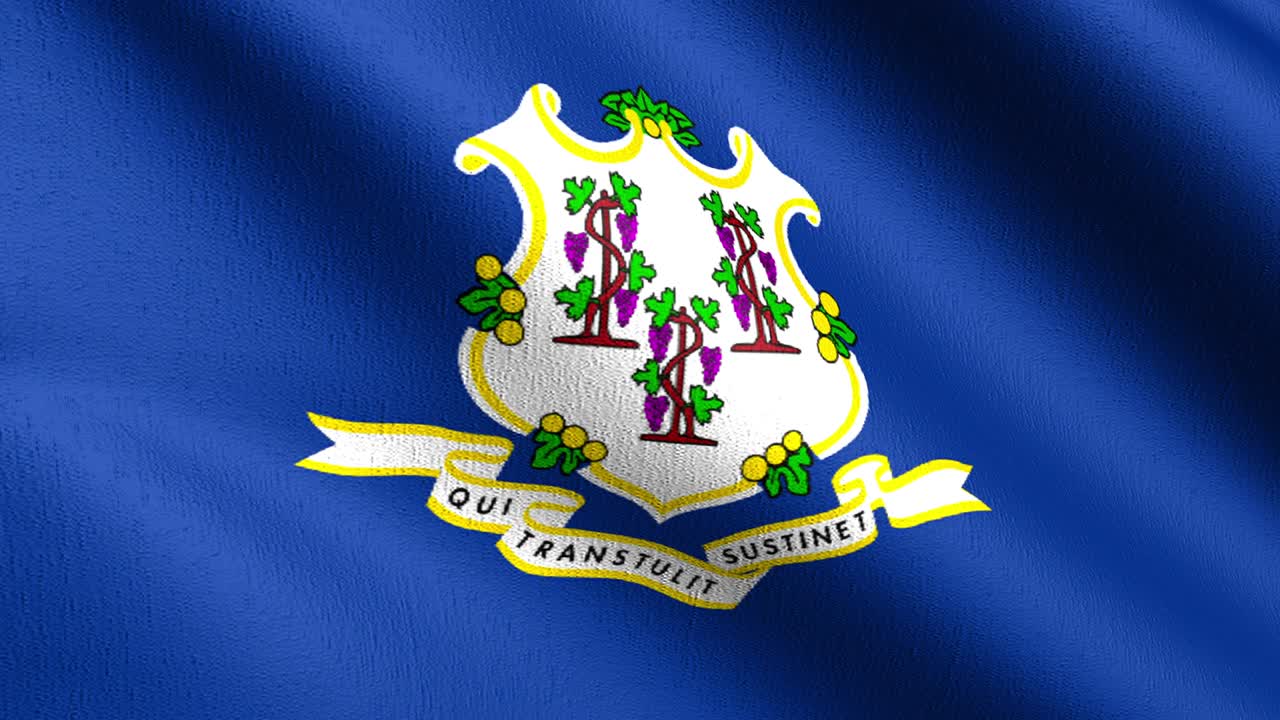 Video 4K in loop continuo. Bandiera dello stato del Connecticut negli Stati Uniti d'America, USA, che sventola al vento, isolata. Design astratto patriottico ufficiale. Illustrazione di rendering 3D di un simbolo che sventola.