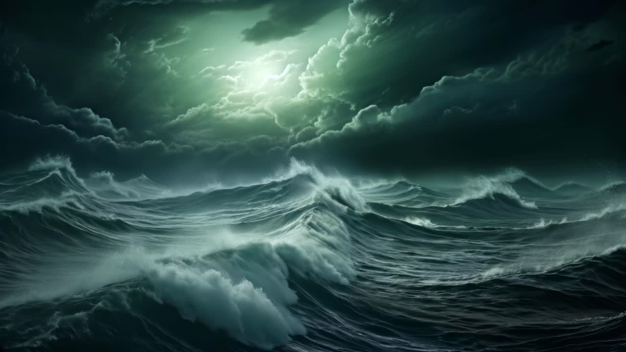 Dramatic ocean waves under a stormy sky, captured from a low angle