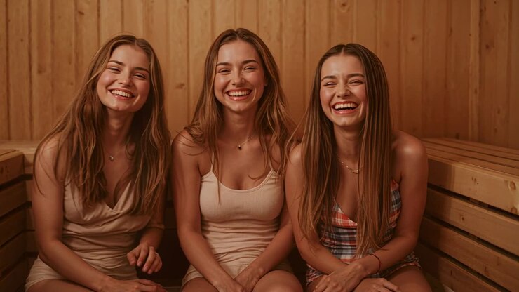 Drei lächelnde Frauen in Sommertops lachen nach Blickkontakt, während sie sich auf einer Holzbank in der Sauna entspannen.