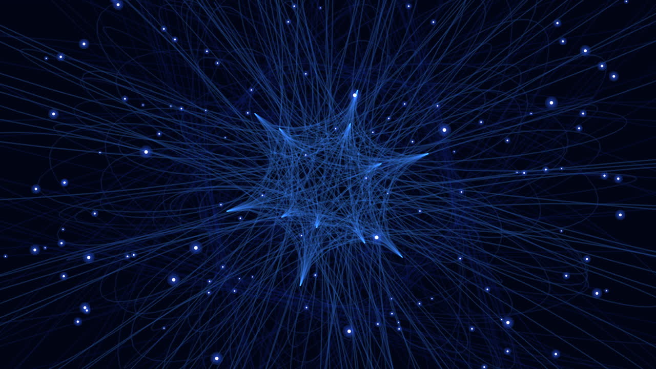 forma geométrica abstracta con líneas de neón y brillos en la galaxia oscura