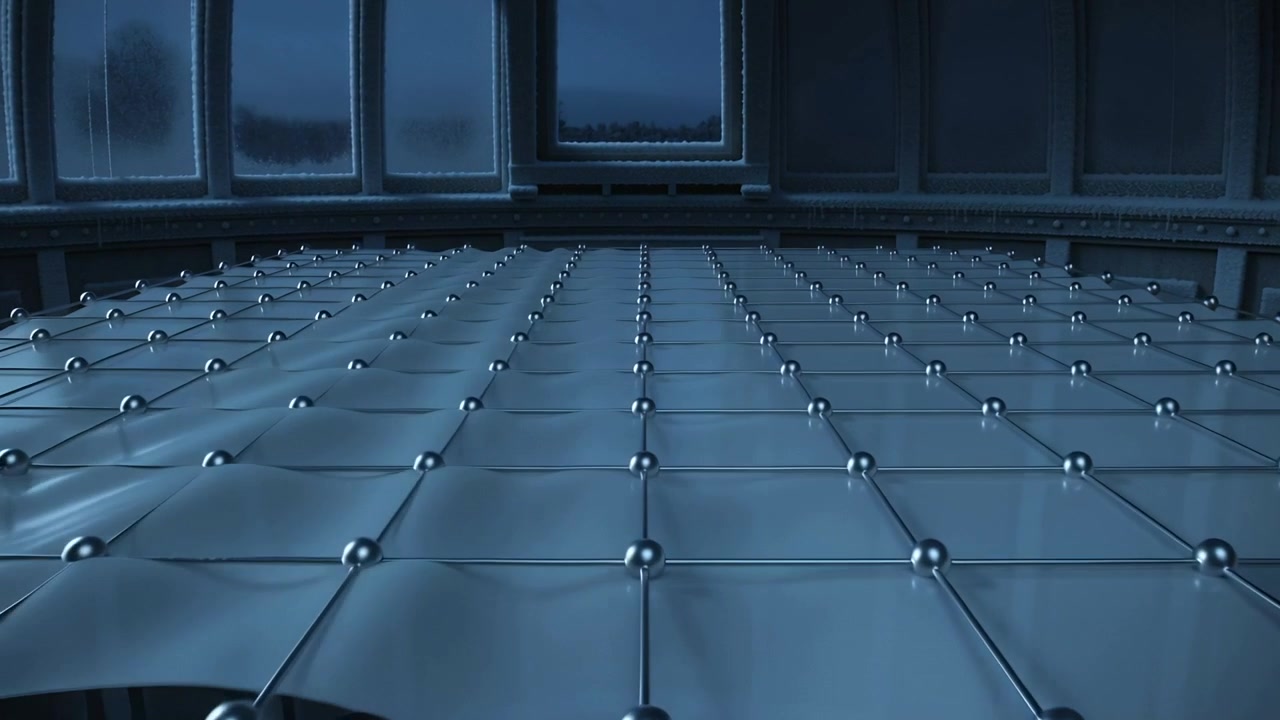 Relaxing dip starting metal grid rippling in room with tall frames, ball joints leveling surface
