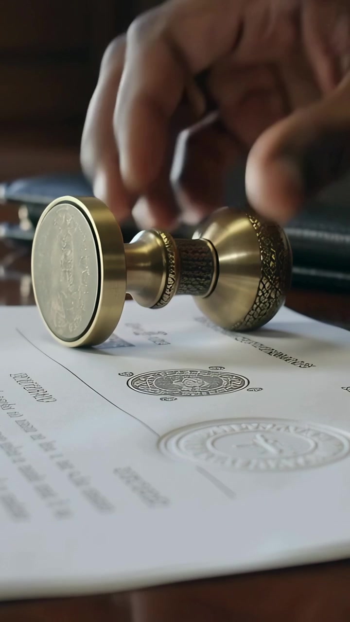 Verticale video: Hand van klerk drukt koperen stempel op document in kantoor ter verificatie