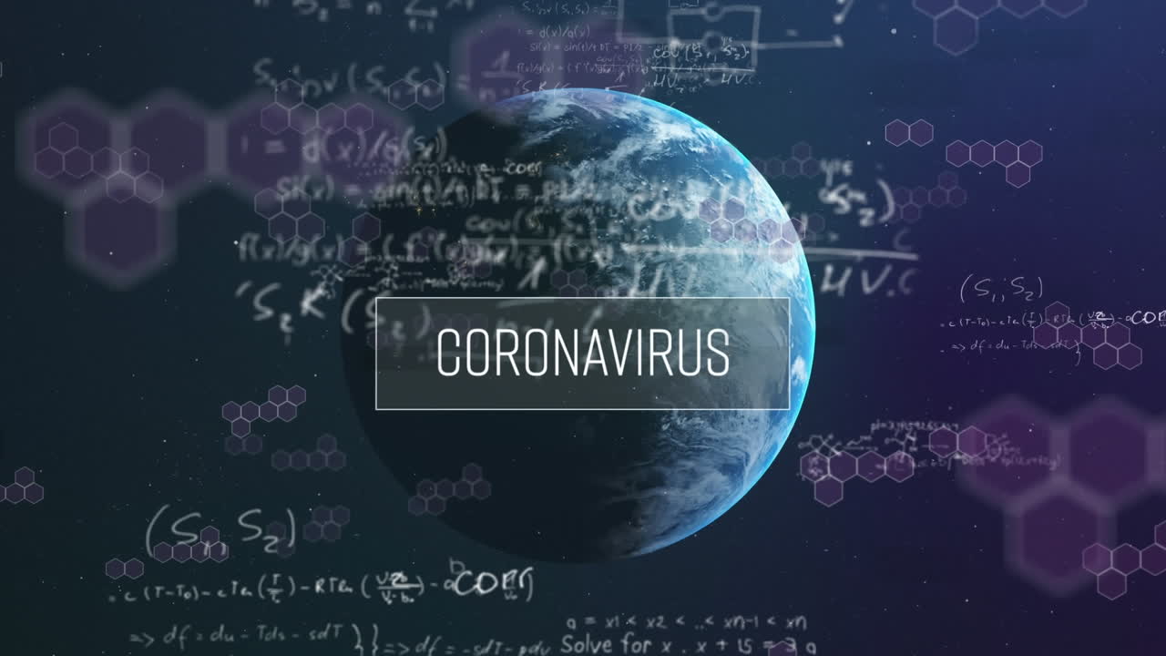 코로나 19 세포의 애니메이션과 전 세계를 떠다니는 데이터 처리