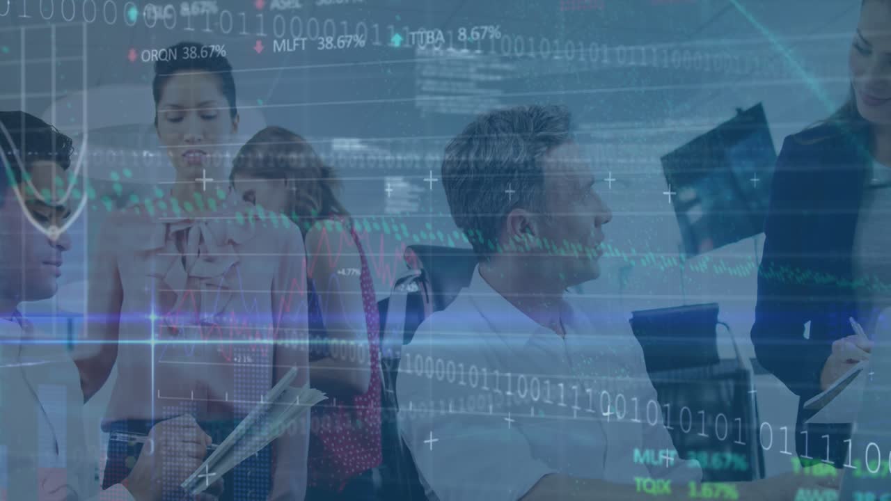 Animation of data processing over diverse business people in office