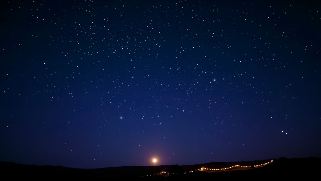 Capturing camera framing starry night sky at rural horizon, documenting moon rising and lit ridge