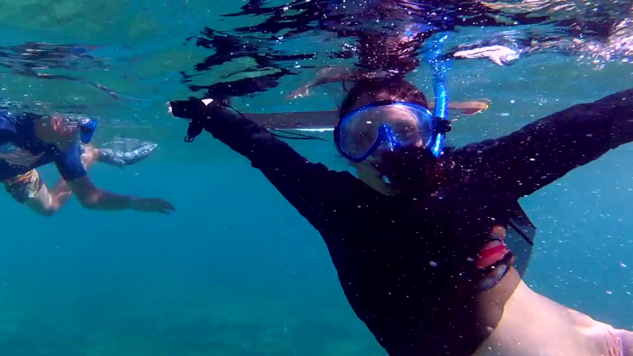 Giovane ragazzo e sua madre incinta fanno snorkeling insieme a Maui, Hawaii, circondati da acque splendide e pesci.