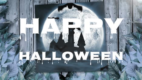 feliz halloween con efecto de fusión contra los murciélagos volando sobre la pintura de la luna en la superficie de madera