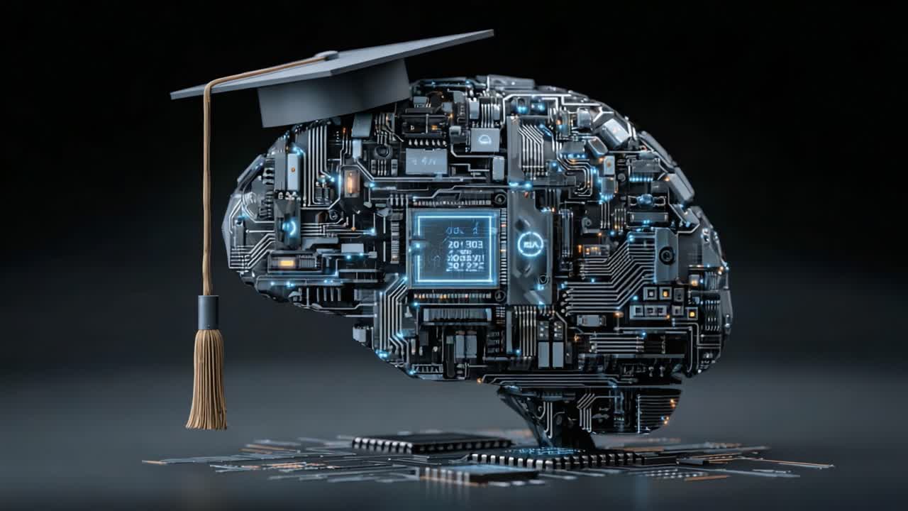 A Visually Striking Representation of an Educational Brain Concept, Merging Technology and Academia with Digital Circuits and a Graduation Cap