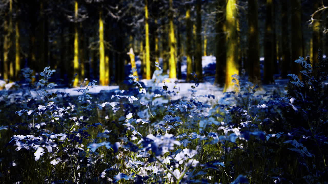 Vibrant blue flowers bloom in a tranquil forest during early morning light