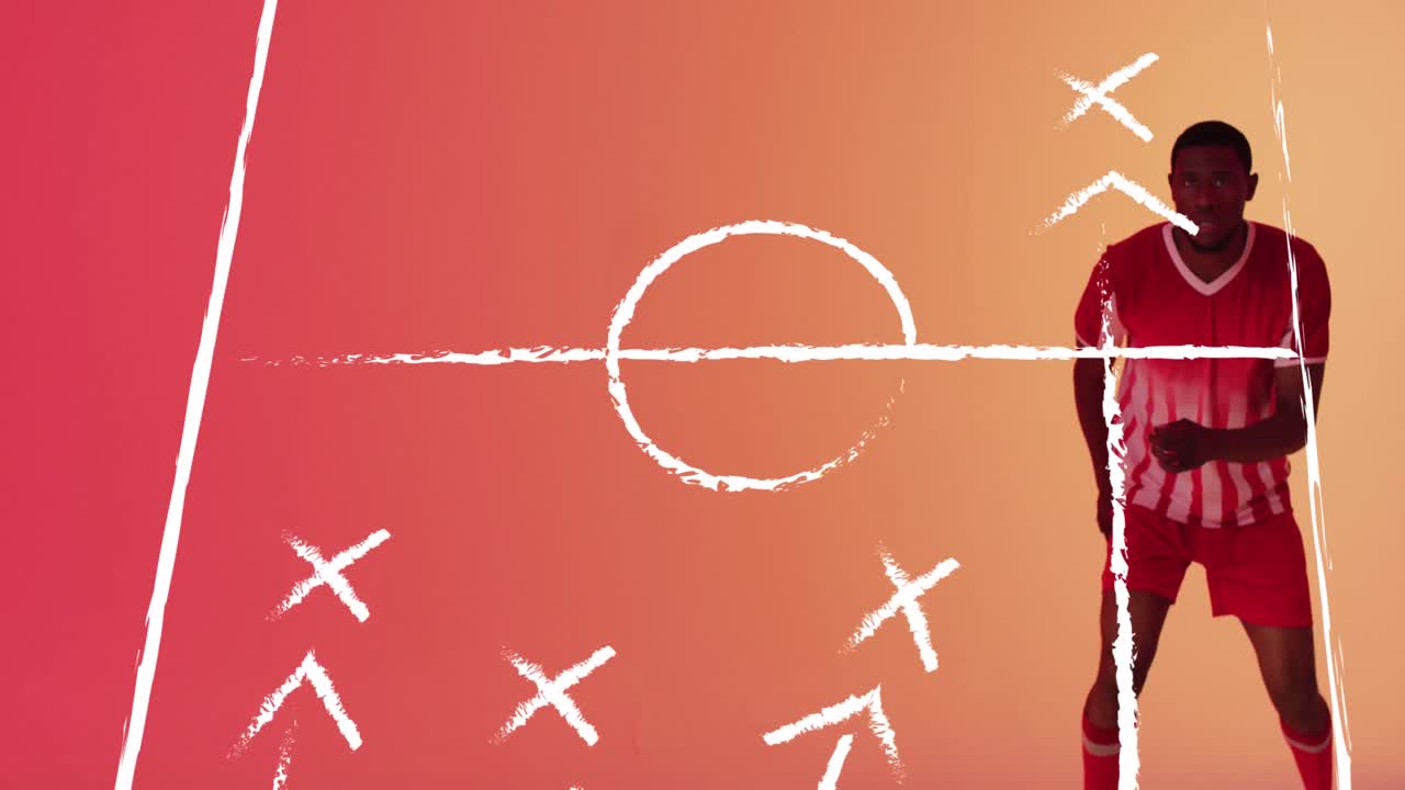 경기장 그림 위에 아프리카계 미국인 남성 축구 선수의 애니메이션