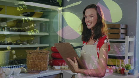 smiling woman holding clipboard in bakery with data visualization animation over