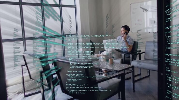 Adult man taking work call in tech lounge, holding phone; teal code shifting, revealing scene