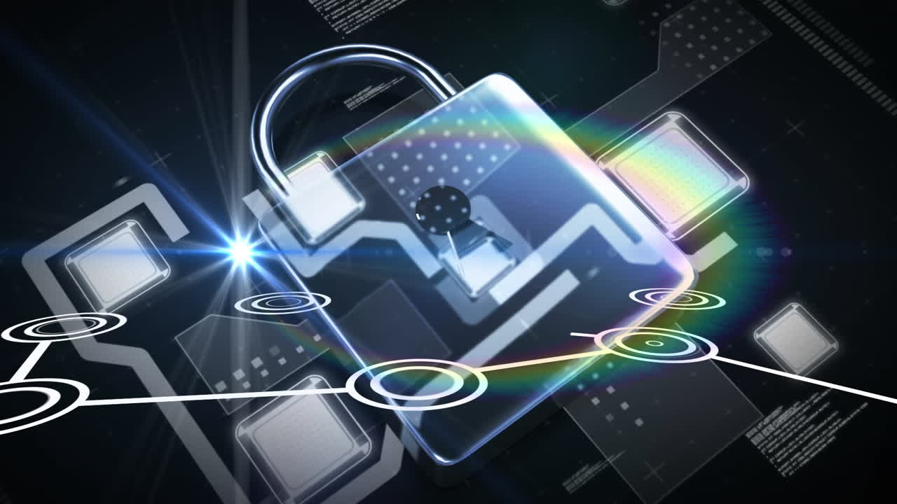 Animation of online security padlock with data processing in background