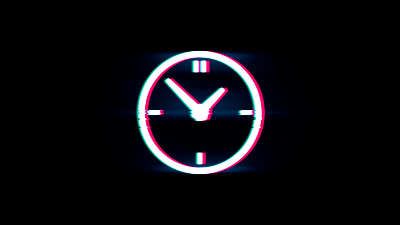el símbolo del reloj en la animación vintage retro de glitch.