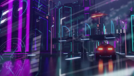 animation of interface screen over futuristic car driving through neon city at night