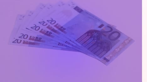 Animation-of-close-up-of-euro-bills-falling-against-purple-gradient-background