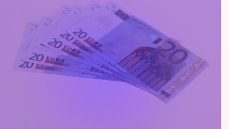 animation of close up of euro bills falling against purple gradient background