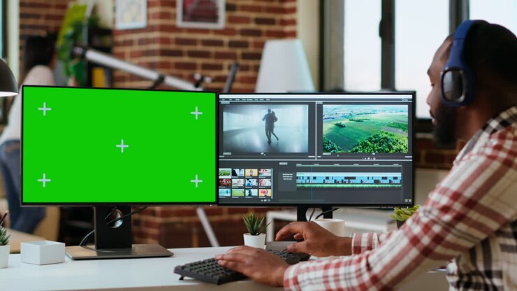 Male filmmaker editing a video project in a modern color grading software