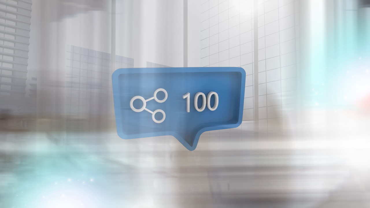 animación de burbuja de habla con icono de acción y números que crecen sobre edificios de oficinas